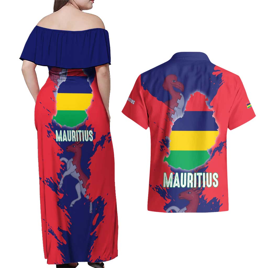 Mauritius Couples Matching Off Shoulder Maxi Dress and Hawaiian Shirt National Emblem Integrated with Country's Shape – Symbolic Design