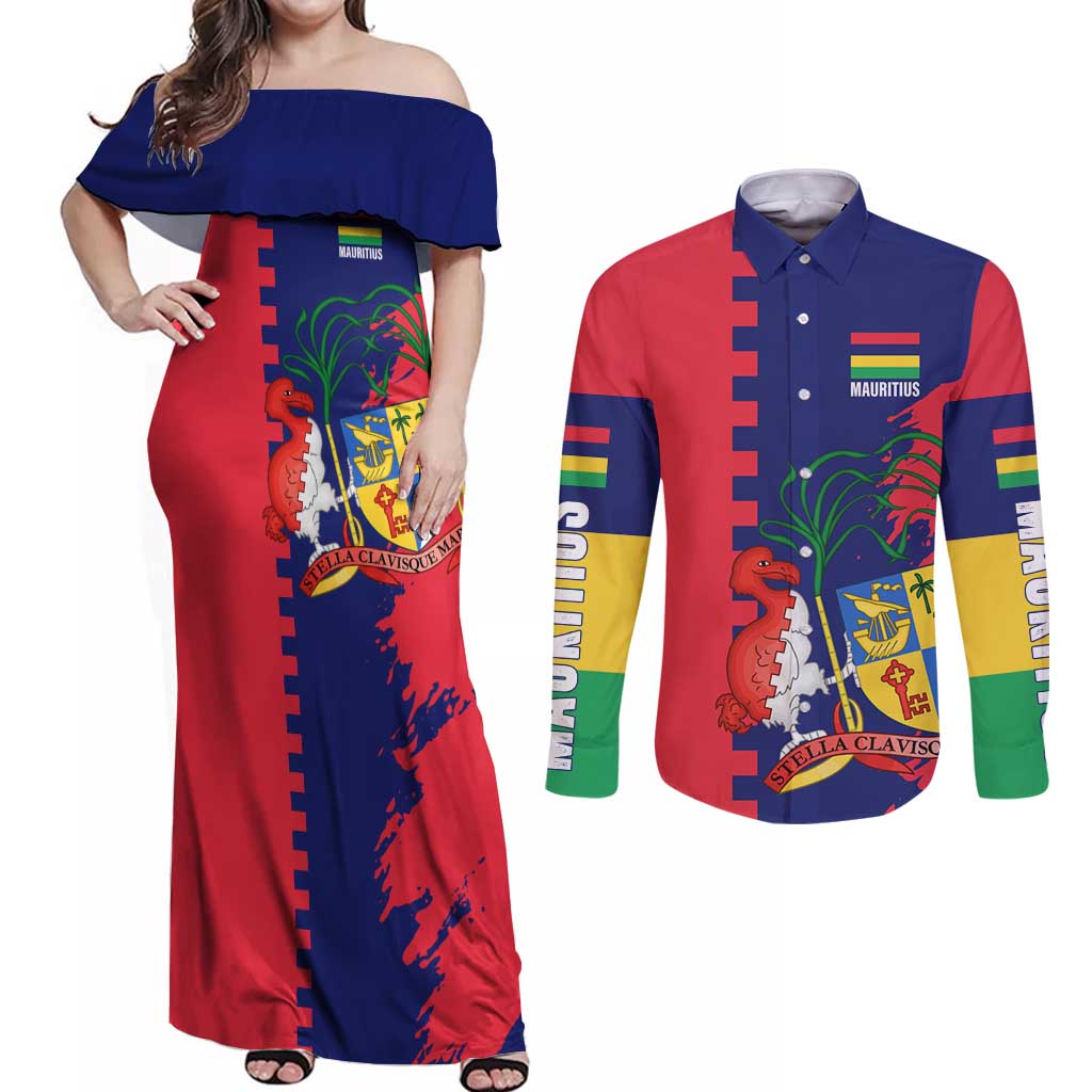 Mauritius Couples Matching Off Shoulder Maxi Dress and Long Sleeve Button Shirt National Emblem Integrated with Country's Shape – Symbolic Design