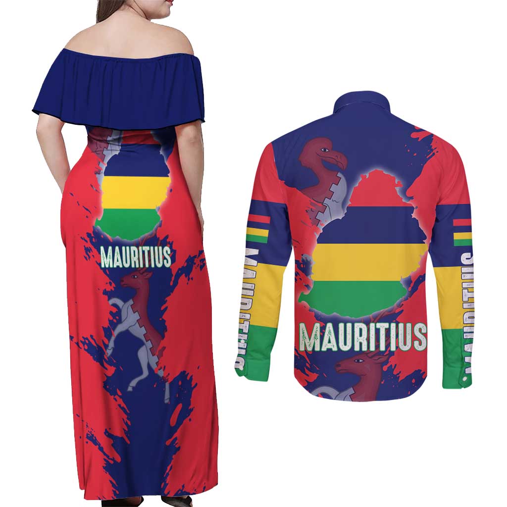 Mauritius Couples Matching Off Shoulder Maxi Dress and Long Sleeve Button Shirt National Emblem Integrated with Country's Shape – Symbolic Design