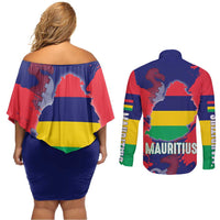 Mauritius Couples Matching Off Shoulder Short Dress and Long Sleeve Button Shirt National Emblem Integrated with Country's Shape – Symbolic Design