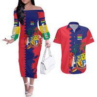 Mauritius Couples Matching Off The Shoulder Long Sleeve Dress and Hawaiian Shirt National Emblem Integrated with Country's Shape – Symbolic Design