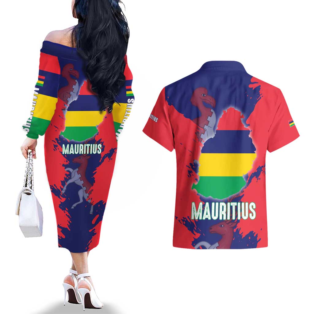 Mauritius Couples Matching Off The Shoulder Long Sleeve Dress and Hawaiian Shirt National Emblem Integrated with Country's Shape – Symbolic Design