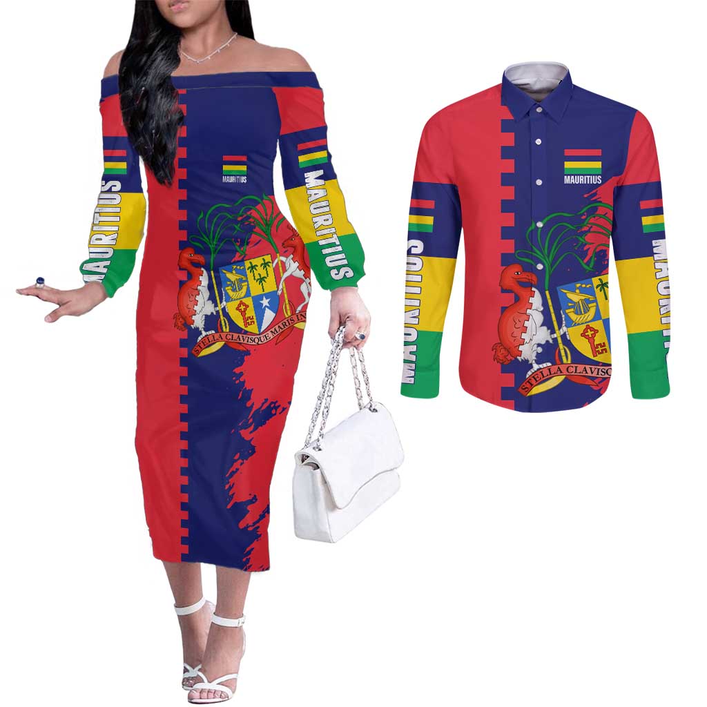 Mauritius Couples Matching Off The Shoulder Long Sleeve Dress and Long Sleeve Button Shirt National Emblem Integrated with Country's Shape – Symbolic Design