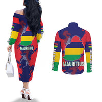 Mauritius Couples Matching Off The Shoulder Long Sleeve Dress and Long Sleeve Button Shirt National Emblem Integrated with Country's Shape – Symbolic Design