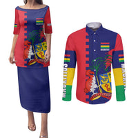 Mauritius Couples Matching Puletasi and Long Sleeve Button Shirt National Emblem Integrated with Country's Shape – Symbolic Design