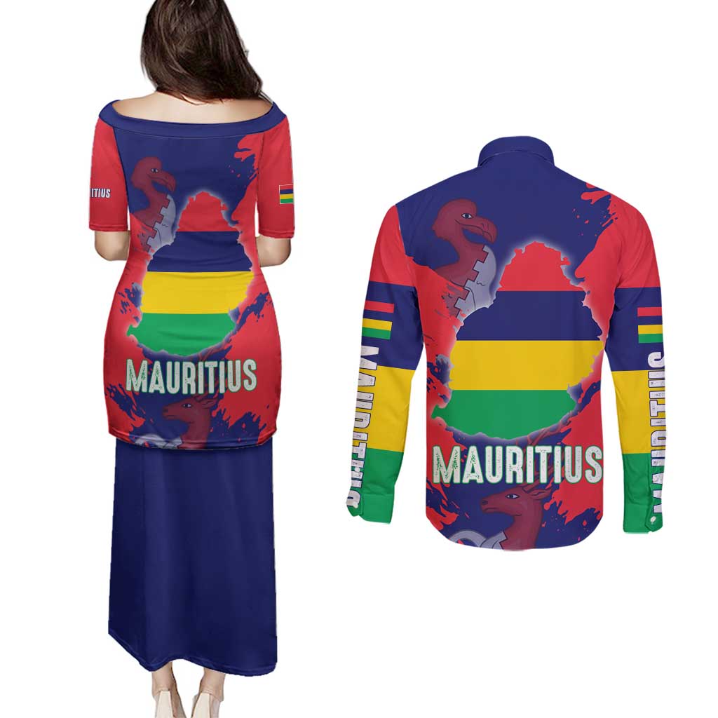 Mauritius Couples Matching Puletasi and Long Sleeve Button Shirt National Emblem Integrated with Country's Shape – Symbolic Design