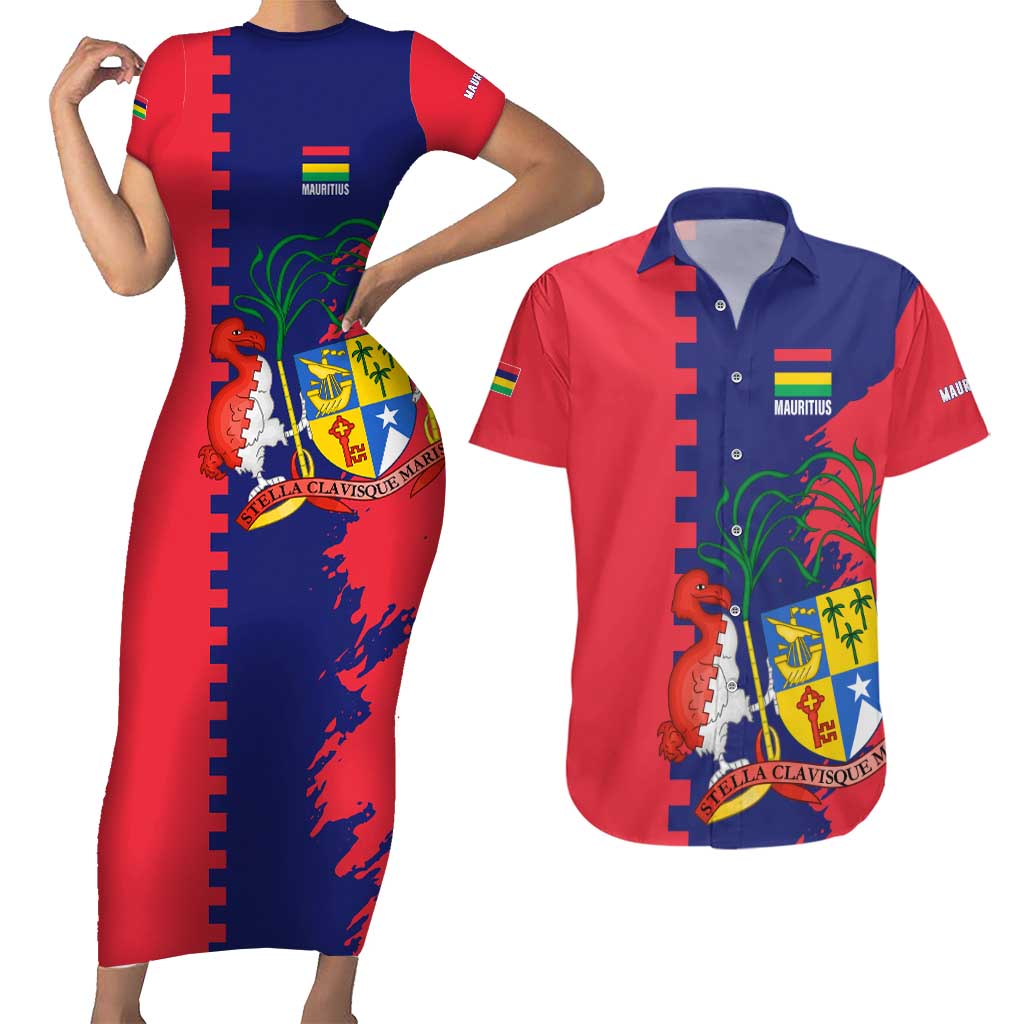 Mauritius Couples Matching Short Sleeve Bodycon Dress and Hawaiian Shirt National Emblem Integrated with Country's Shape – Symbolic Design