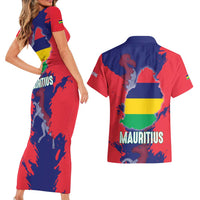 Mauritius Couples Matching Short Sleeve Bodycon Dress and Hawaiian Shirt National Emblem Integrated with Country's Shape – Symbolic Design