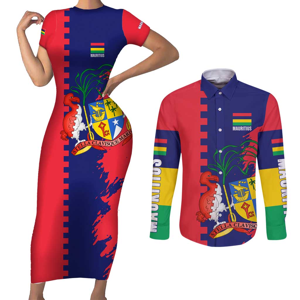 Mauritius Couples Matching Short Sleeve Bodycon Dress and Long Sleeve Button Shirt National Emblem Integrated with Country's Shape – Symbolic Design