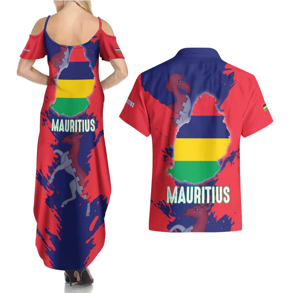 Mauritius Couples Matching Summer Maxi Dress and Hawaiian Shirt National Emblem Integrated with Country's Shape – Symbolic Design