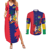 Mauritius Couples Matching Summer Maxi Dress and Long Sleeve Button Shirt National Emblem Integrated with Country's Shape – Symbolic Design