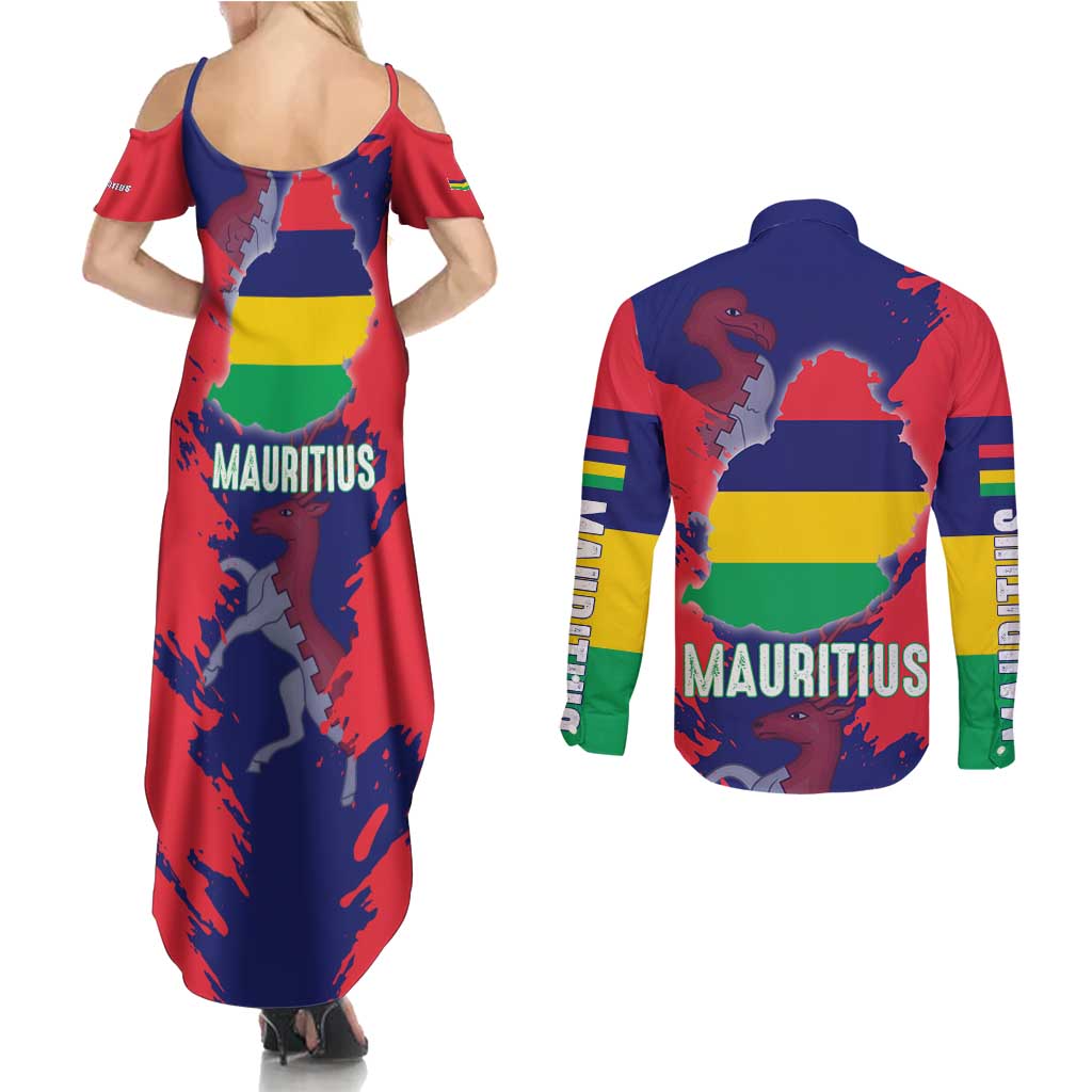 Mauritius Couples Matching Summer Maxi Dress and Long Sleeve Button Shirt National Emblem Integrated with Country's Shape – Symbolic Design