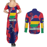 Mauritius Couples Matching Summer Maxi Dress and Long Sleeve Button Shirt National Emblem Integrated with Country's Shape – Symbolic Design