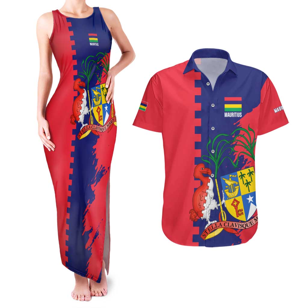 Mauritius Couples Matching Tank Maxi Dress and Hawaiian Shirt National Emblem Integrated with Country's Shape – Symbolic Design