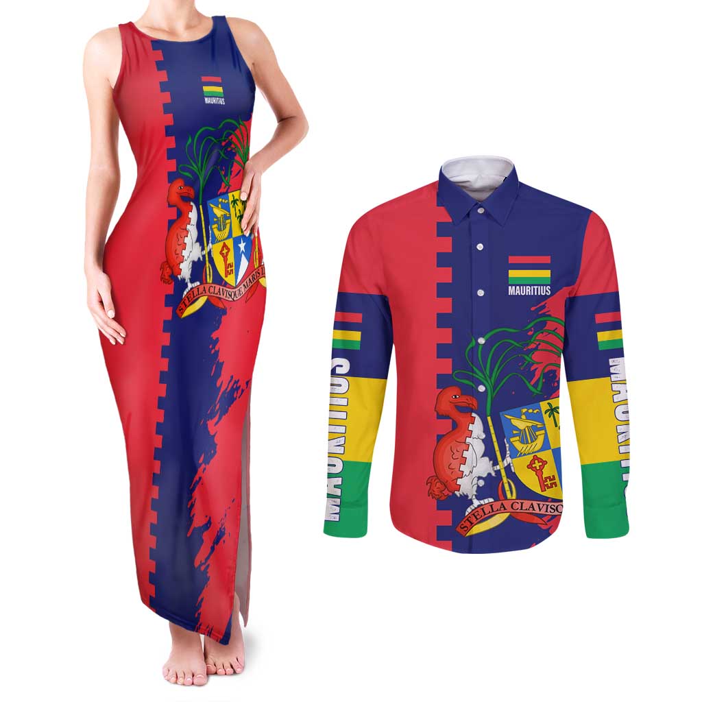 Mauritius Couples Matching Tank Maxi Dress and Long Sleeve Button Shirt National Emblem Integrated with Country's Shape – Symbolic Design