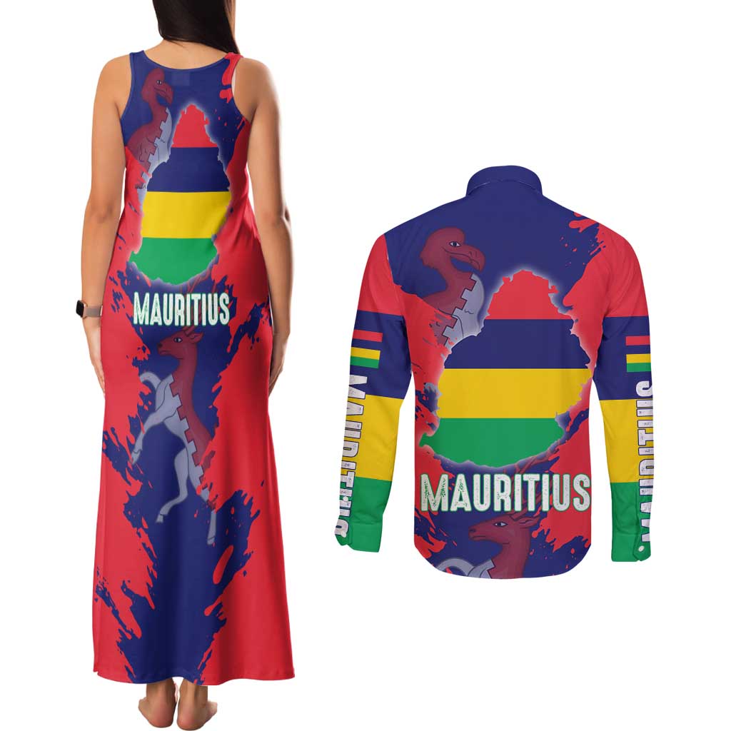 Mauritius Couples Matching Tank Maxi Dress and Long Sleeve Button Shirt National Emblem Integrated with Country's Shape – Symbolic Design