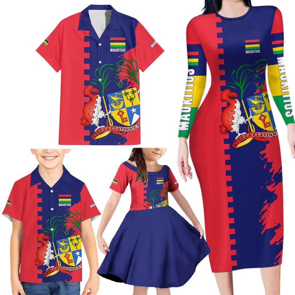 Mauritius Family Matching Long Sleeve Bodycon Dress and Hawaiian Shirt National Emblem Integrated with Country's Shape – Symbolic Design