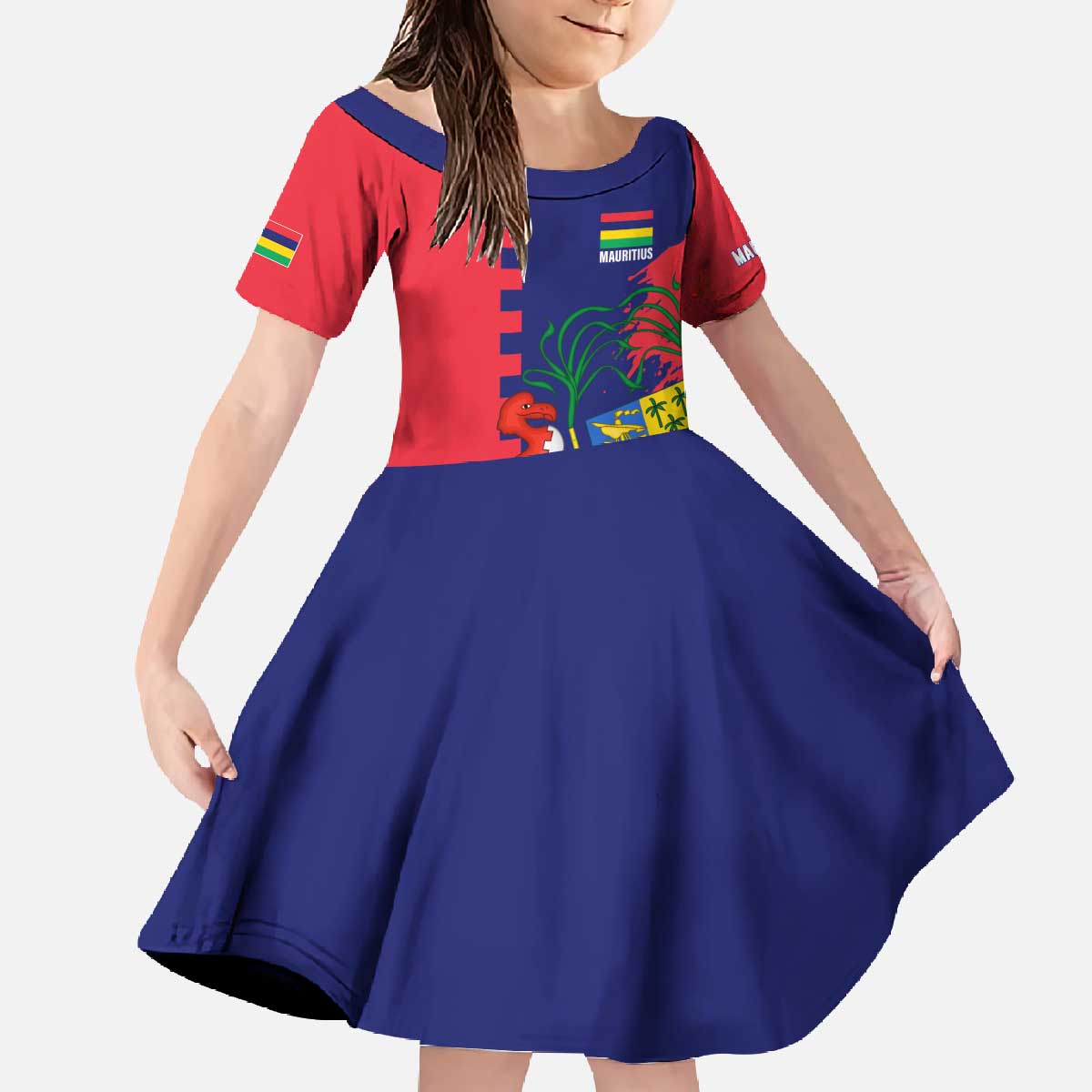 Mauritius Family Matching Off The Shoulder Long Sleeve Dress and Hawaiian Shirt National Emblem Integrated with Country's Shape – Symbolic Design