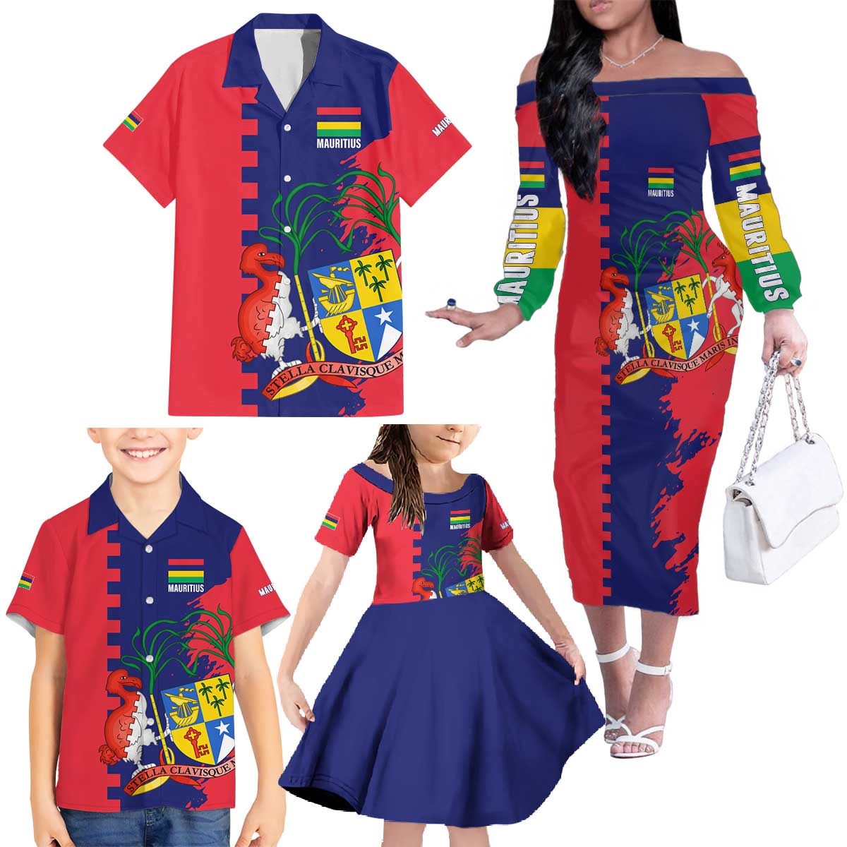 Mauritius Family Matching Off The Shoulder Long Sleeve Dress and Hawaiian Shirt National Emblem Integrated with Country's Shape – Symbolic Design
