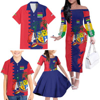 Mauritius Family Matching Off The Shoulder Long Sleeve Dress and Hawaiian Shirt National Emblem Integrated with Country's Shape – Symbolic Design