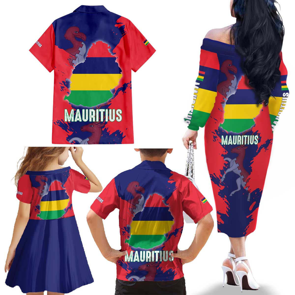 Mauritius Family Matching Off The Shoulder Long Sleeve Dress and Hawaiian Shirt National Emblem Integrated with Country's Shape – Symbolic Design