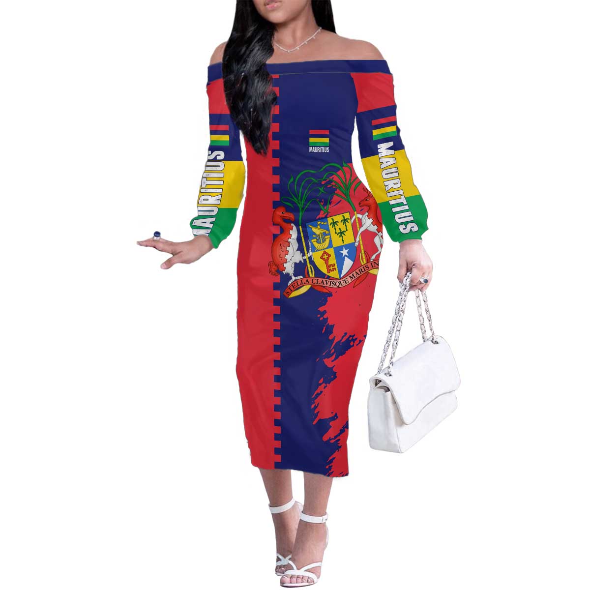 Mauritius Family Matching Off The Shoulder Long Sleeve Dress and Hawaiian Shirt National Emblem Integrated with Country's Shape – Symbolic Design