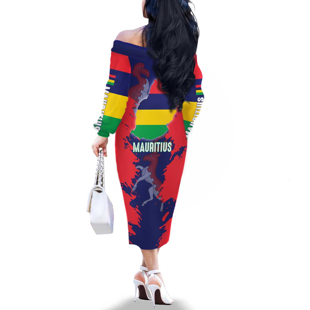 Mauritius Family Matching Off The Shoulder Long Sleeve Dress and Hawaiian Shirt National Emblem Integrated with Country's Shape – Symbolic Design