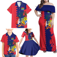 Mauritius Family Matching Off Shoulder Maxi Dress and Hawaiian Shirt National Emblem Integrated with Country's Shape – Symbolic Design