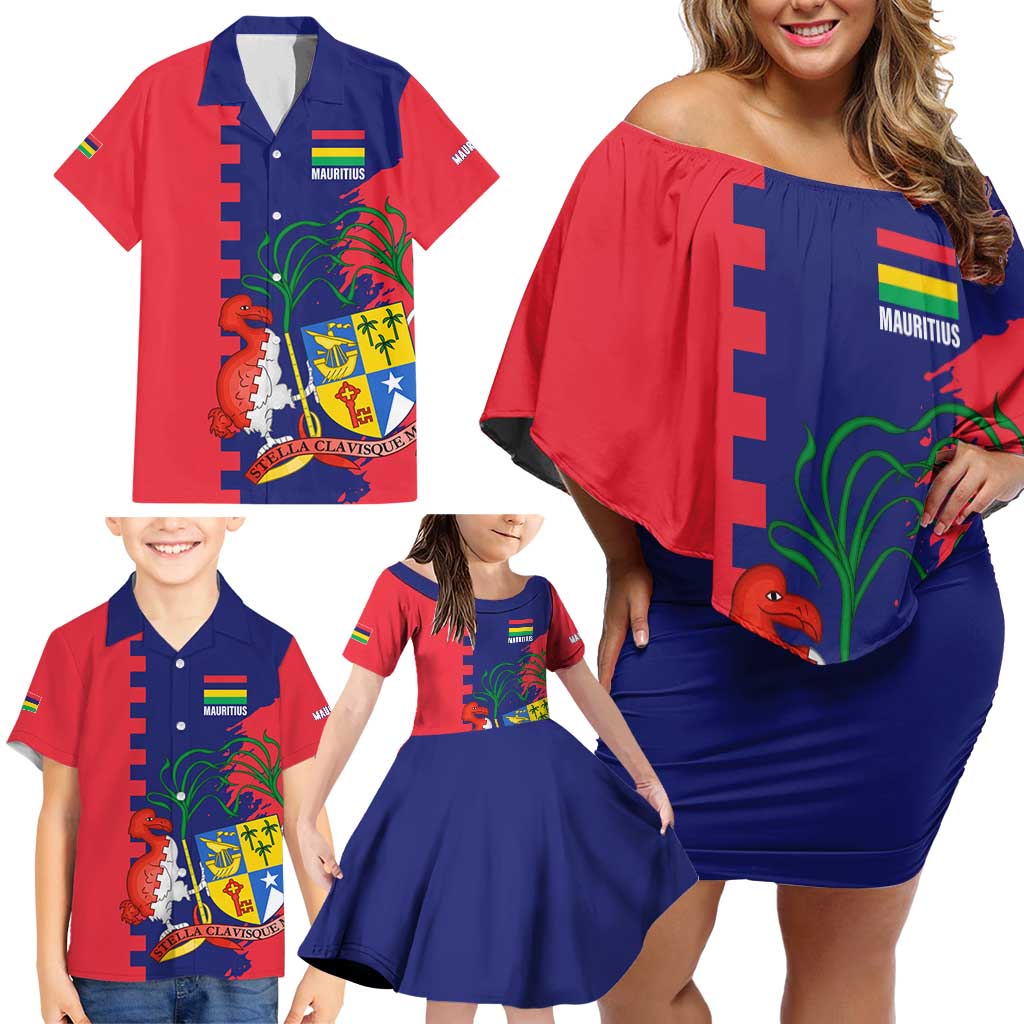 Mauritius Family Matching Off Shoulder Short Dress and Hawaiian Shirt National Emblem Integrated with Country's Shape – Symbolic Design
