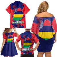 Mauritius Family Matching Off Shoulder Short Dress and Hawaiian Shirt National Emblem Integrated with Country's Shape – Symbolic Design