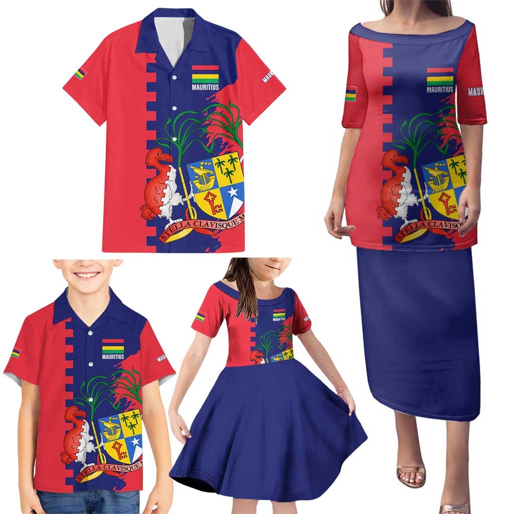 Mauritius Family Matching Puletasi and Hawaiian Shirt National Emblem Integrated with Country's Shape – Symbolic Design