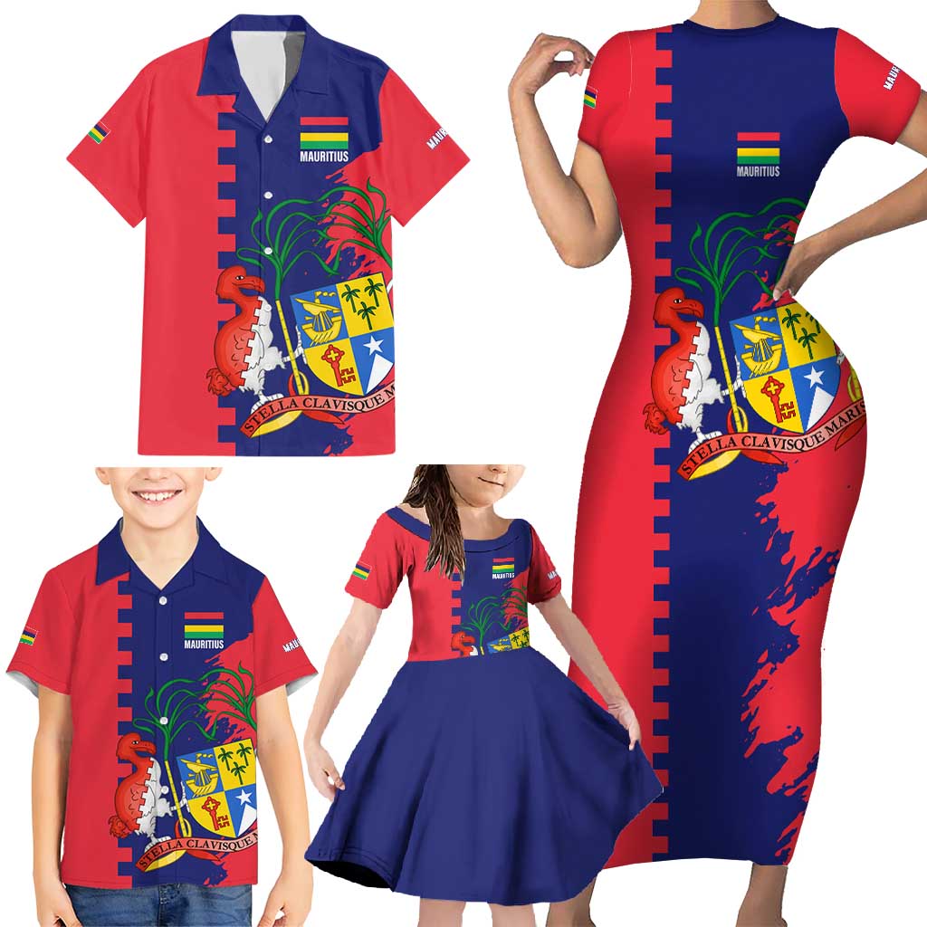 Mauritius Family Matching Short Sleeve Bodycon Dress and Hawaiian Shirt National Emblem Integrated with Country's Shape – Symbolic Design