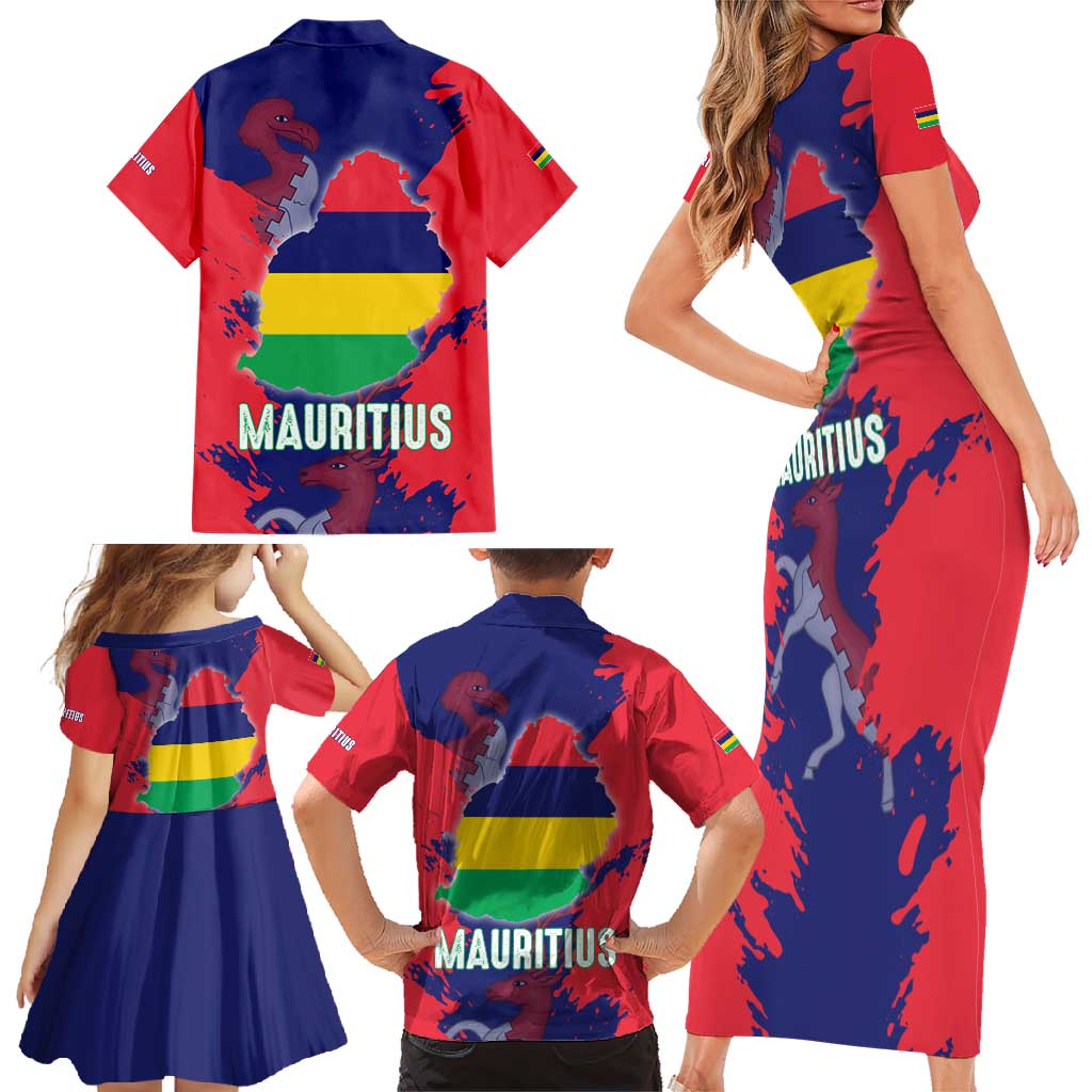 Mauritius Family Matching Short Sleeve Bodycon Dress and Hawaiian Shirt National Emblem Integrated with Country's Shape – Symbolic Design