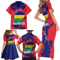 Mauritius Family Matching Short Sleeve Bodycon Dress and Hawaiian Shirt National Emblem Integrated with Country's Shape – Symbolic Design