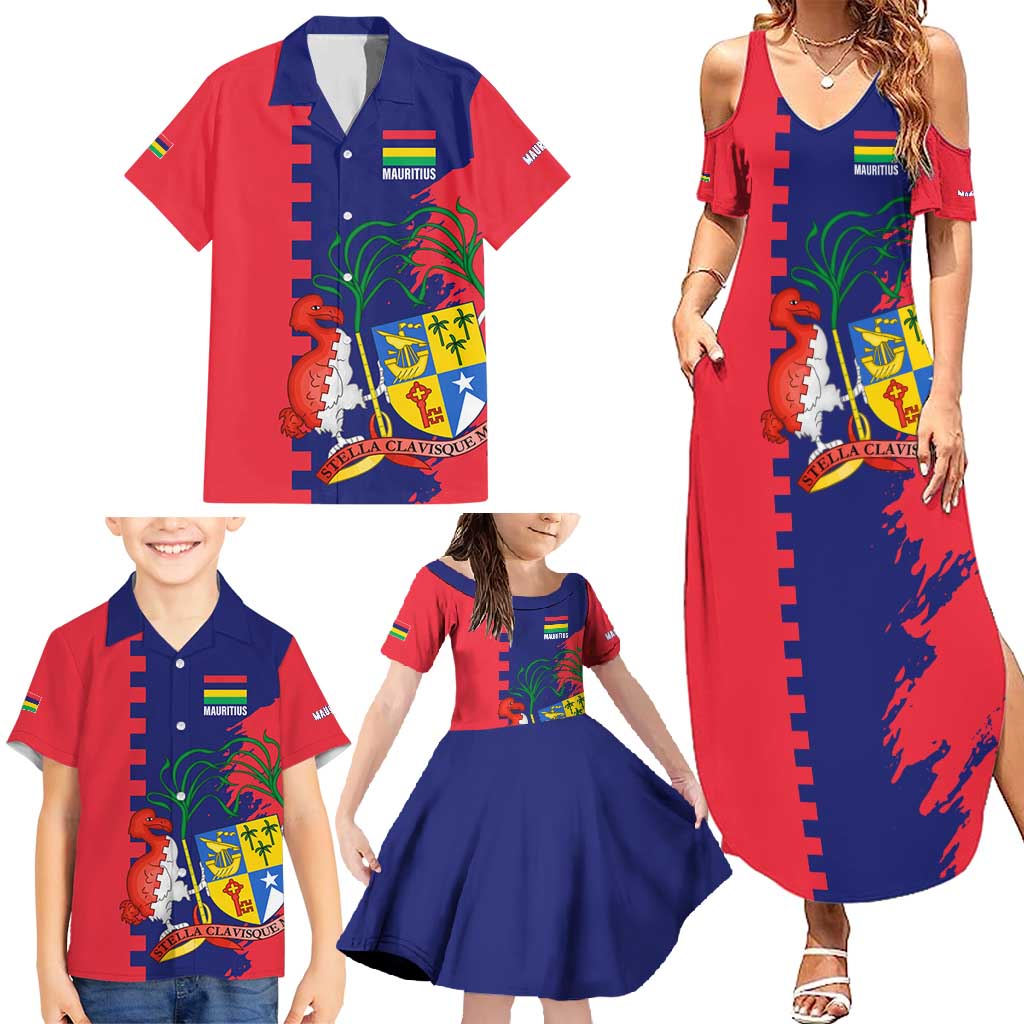 Mauritius Family Matching Summer Maxi Dress and Hawaiian Shirt National Emblem Integrated with Country's Shape – Symbolic Design