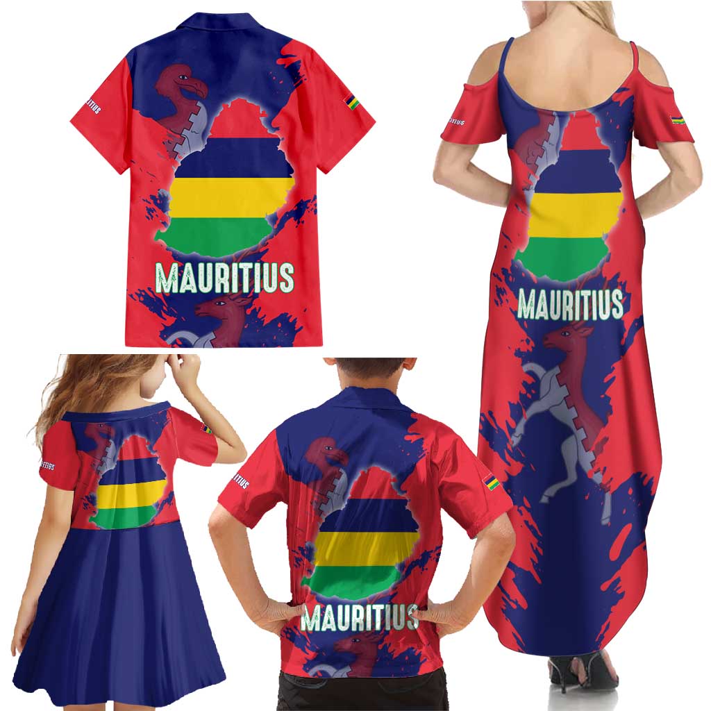 Mauritius Family Matching Summer Maxi Dress and Hawaiian Shirt National Emblem Integrated with Country's Shape – Symbolic Design