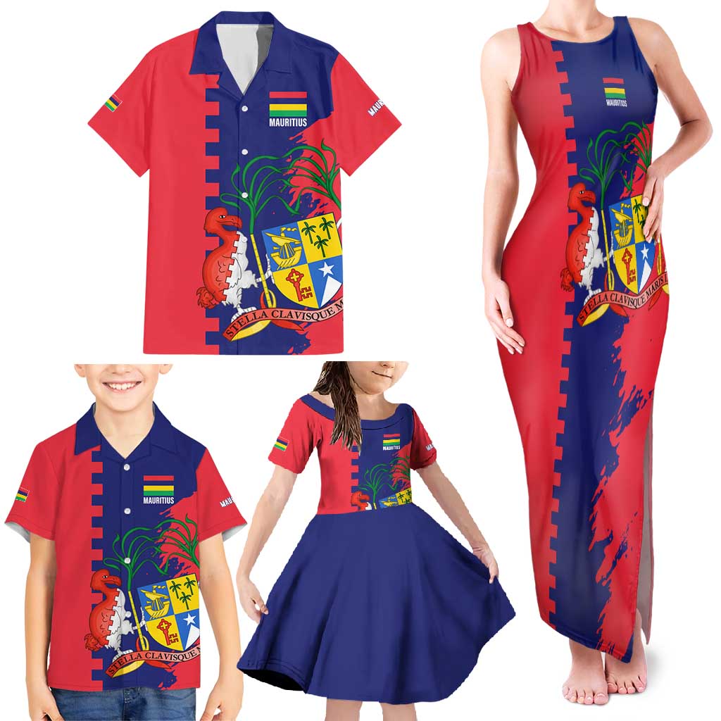 Mauritius Family Matching Tank Maxi Dress and Hawaiian Shirt National Emblem Integrated with Country's Shape – Symbolic Design