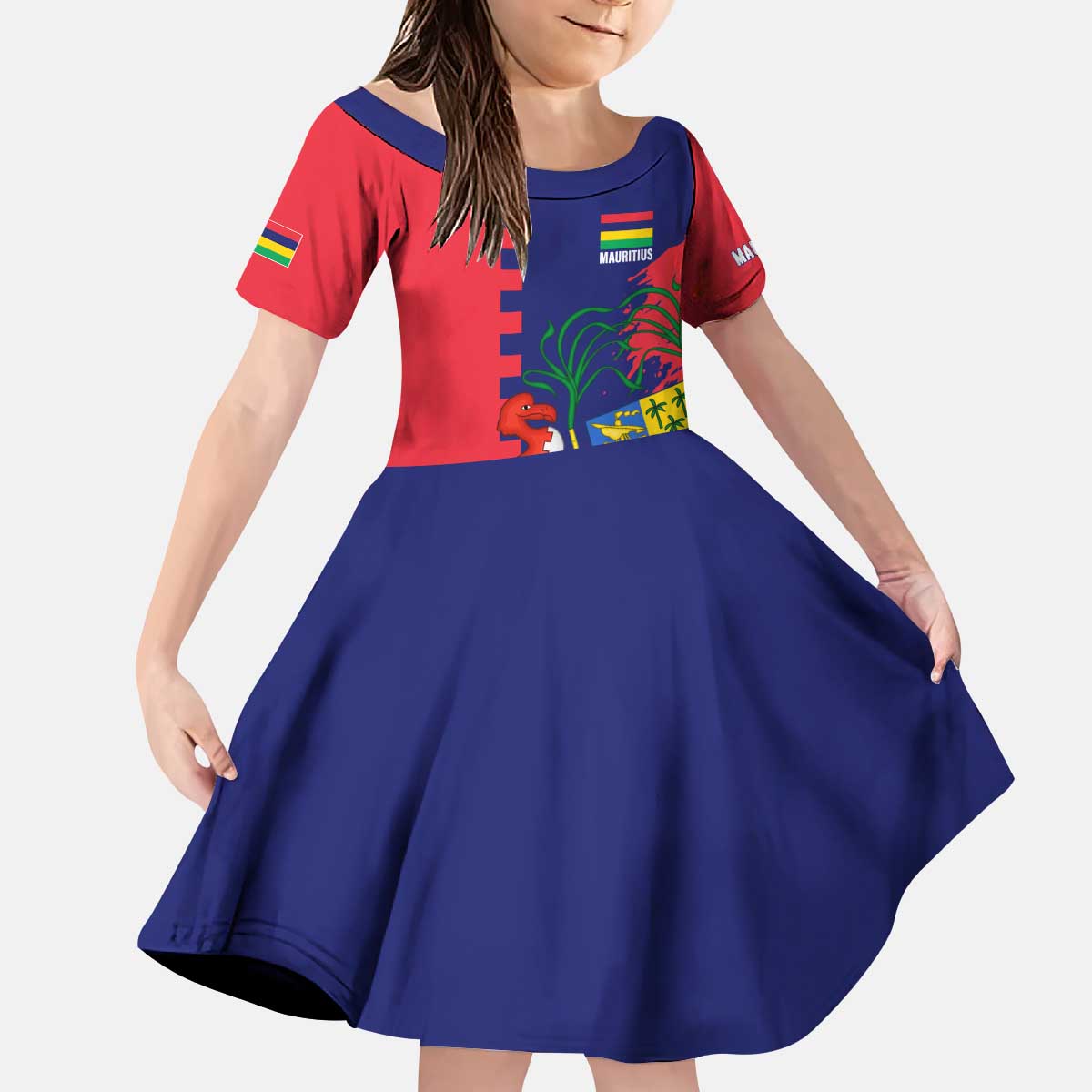 Mauritius Kid Short Sleeve Dress National Emblem Integrated with Country's Shape – Symbolic Design