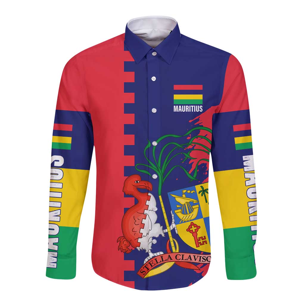 Mauritius Long Sleeve Button Shirt National Emblem Integrated with Country's Shape – Symbolic Design