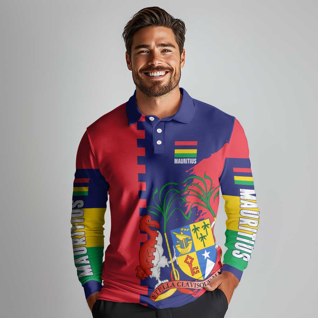 Mauritius Long Sleeve Polo Shirt National Emblem Integrated with Country's Shape – Symbolic Design