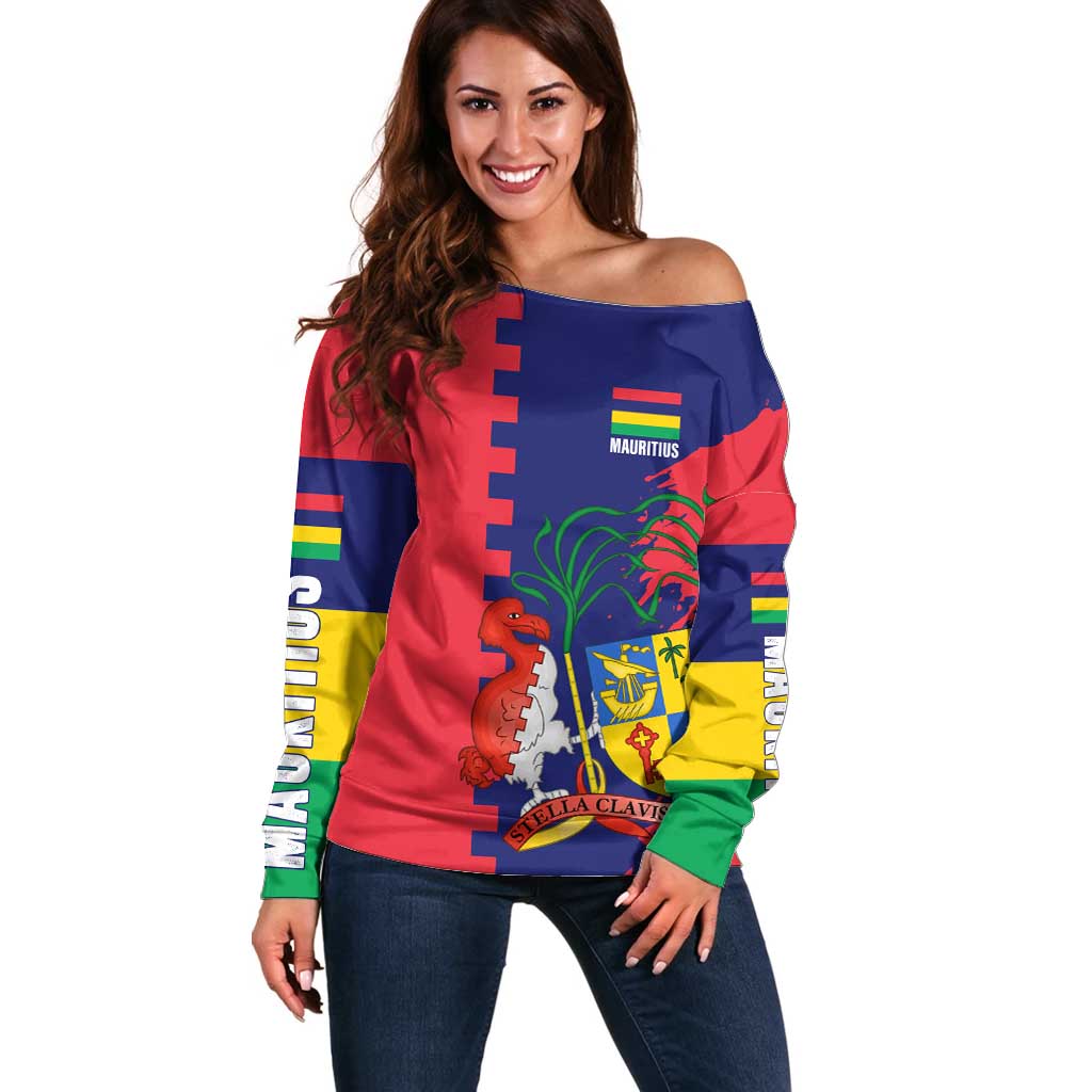 Mauritius Off Shoulder Sweater National Emblem Integrated with Country's Shape – Symbolic Design