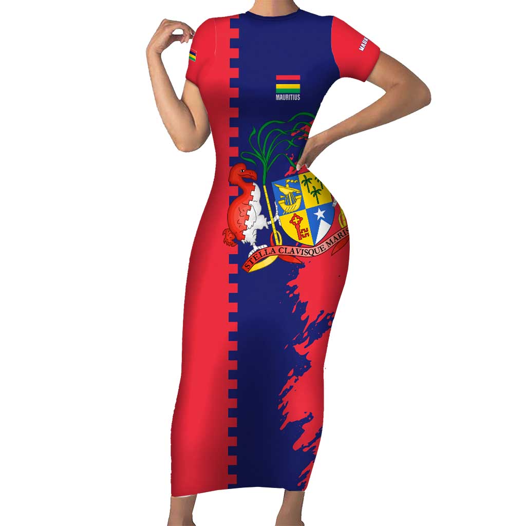 Mauritius Short Sleeve Bodycon Dress National Emblem Integrated with Country's Shape – Symbolic Design