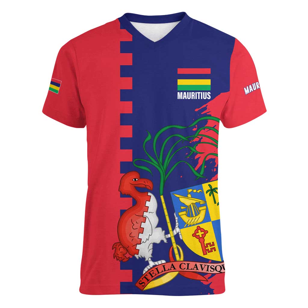Mauritius Women V-Neck T-Shirt National Emblem Integrated with Country's Shape – Symbolic Design