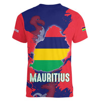Mauritius Women V-Neck T-Shirt National Emblem Integrated with Country's Shape – Symbolic Design