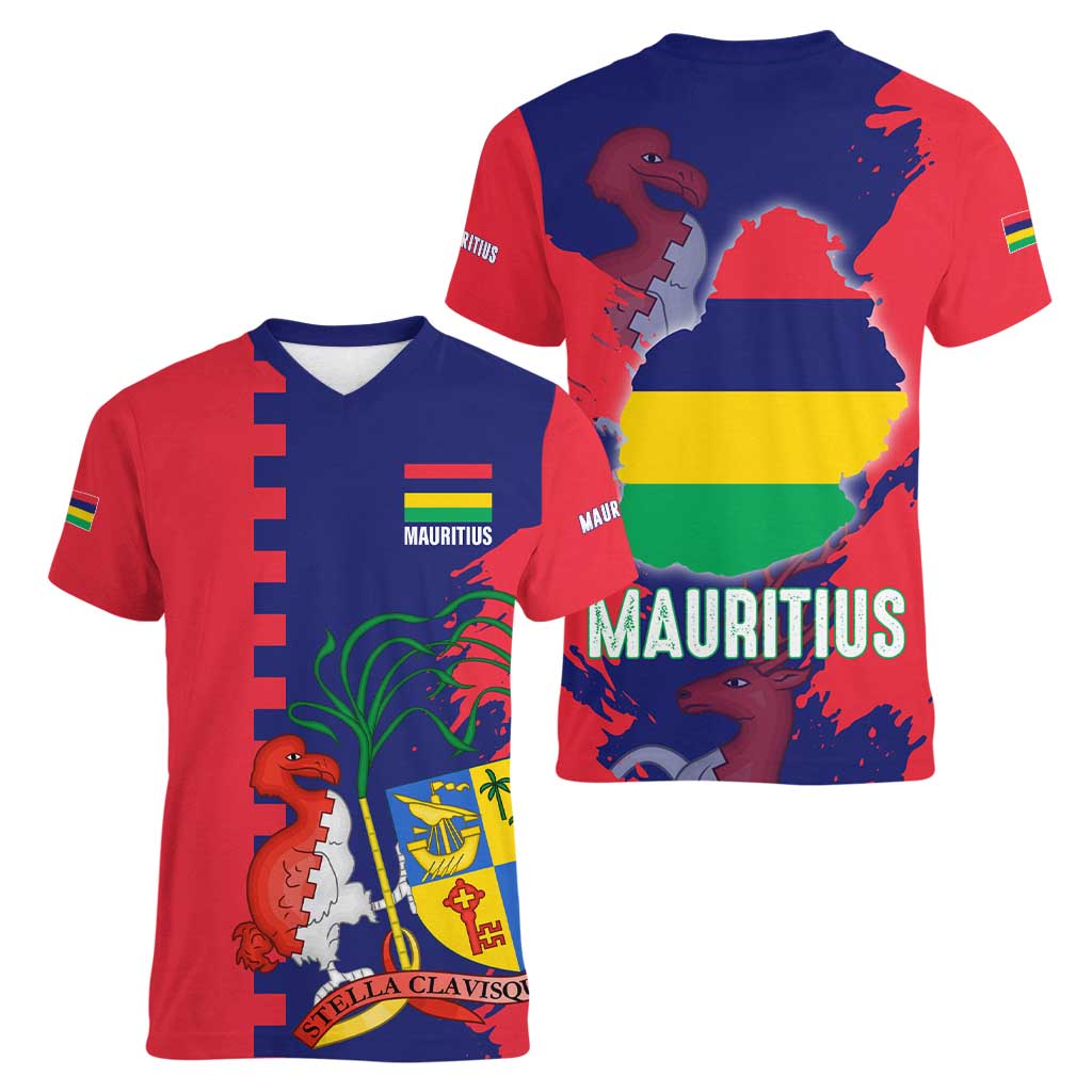Mauritius Women V-Neck T-Shirt National Emblem Integrated with Country's Shape – Symbolic Design