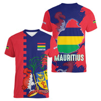 Mauritius Women V-Neck T-Shirt National Emblem Integrated with Country's Shape – Symbolic Design