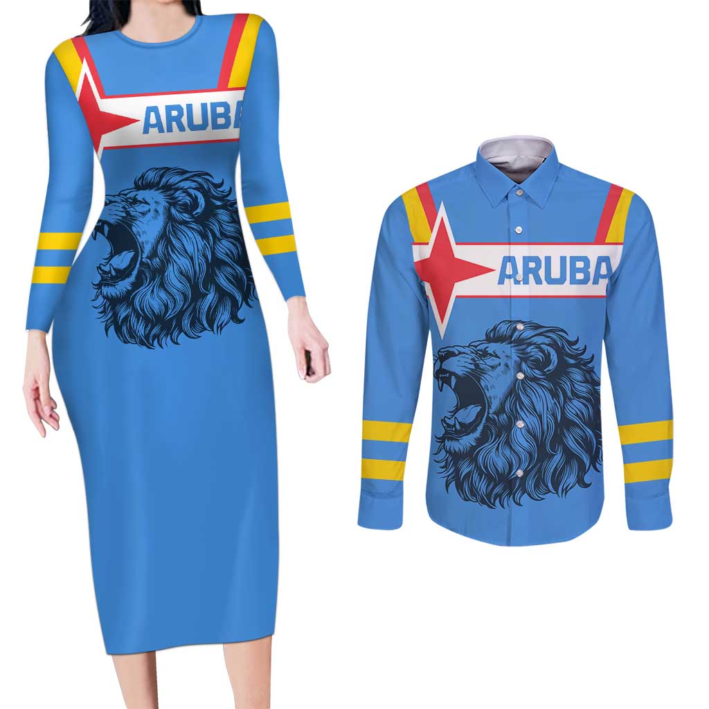 Aruba Couples Matching Long Sleeve Bodycon Dress and Long Sleeve Button Shirt National Emblem Featuring the Lion Symbol - Majestic Design