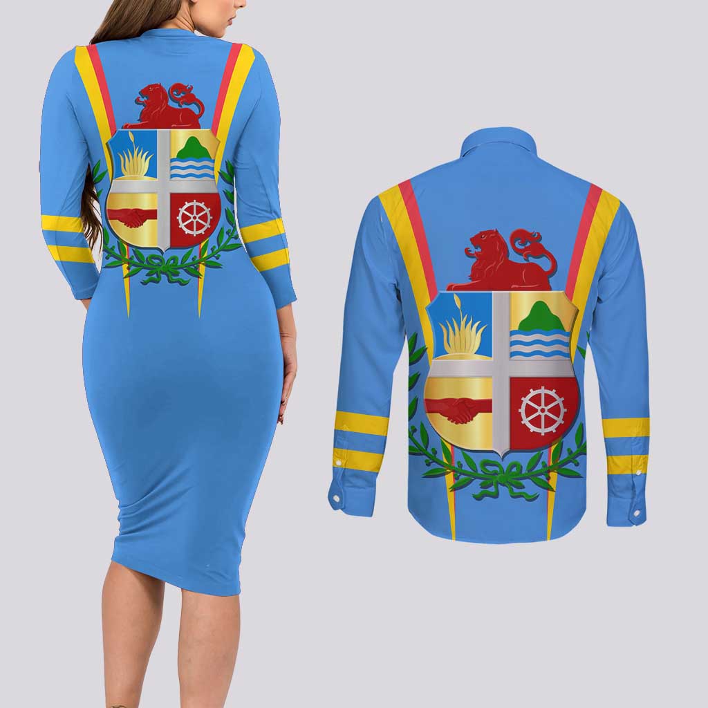 Aruba Couples Matching Long Sleeve Bodycon Dress and Long Sleeve Button Shirt National Emblem Featuring the Lion Symbol - Majestic Design