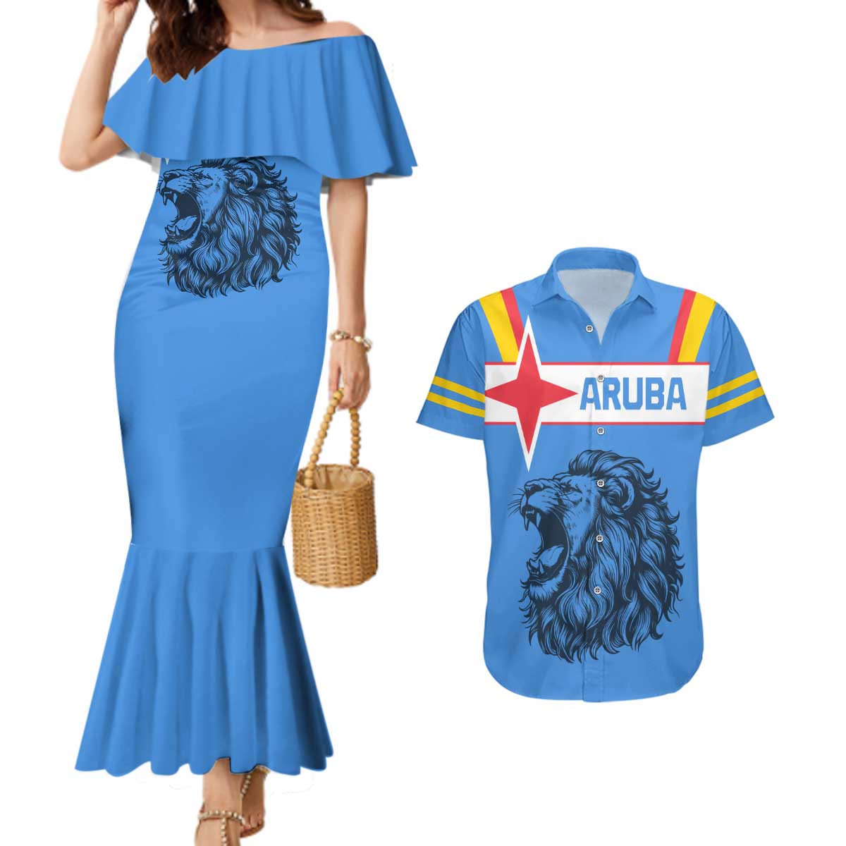 Aruba Couples Matching Mermaid Dress and Hawaiian Shirt National Emblem Featuring the Lion Symbol - Majestic Design