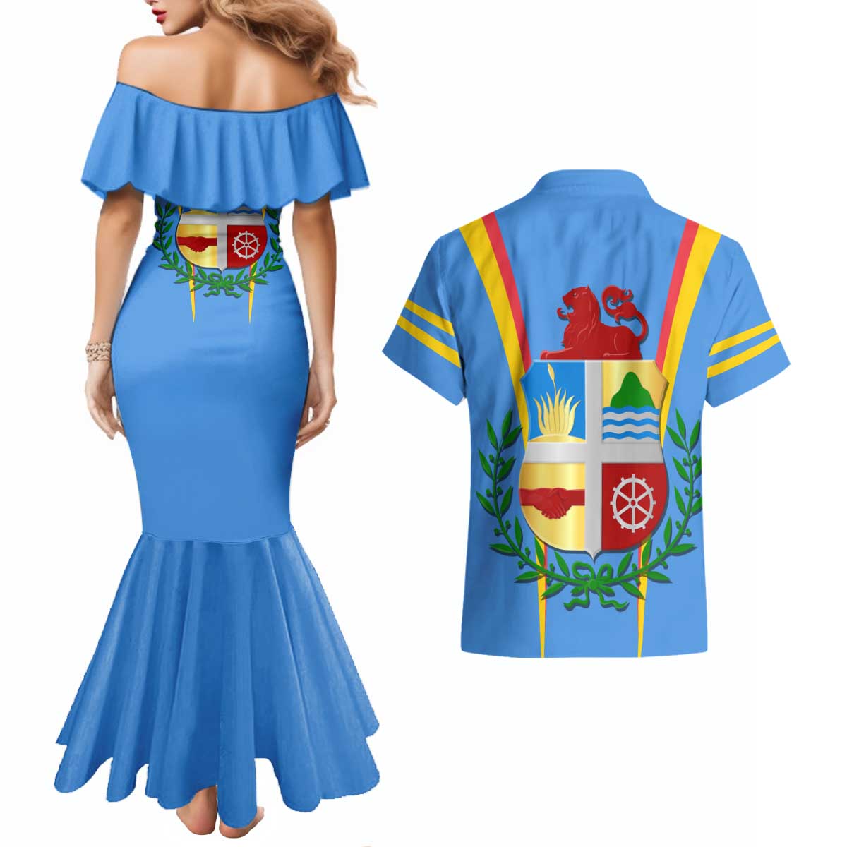 Aruba Couples Matching Mermaid Dress and Hawaiian Shirt National Emblem Featuring the Lion Symbol - Majestic Design